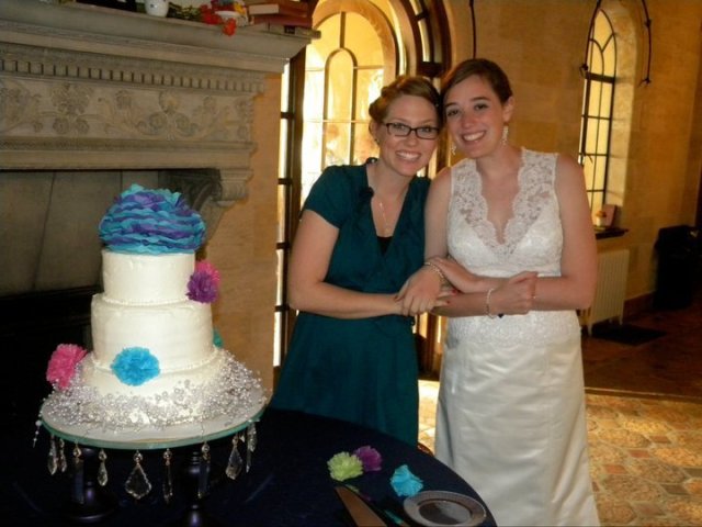 My best friend, her gorgeous wedding cake, and I at my wedding.